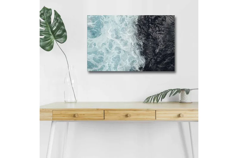 Lerretsbilde med LED-belysning - Kontrast mellom turkise bølger og dypsvart havoverflate, Turkis / Svart