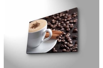 Lerretsbilde med LED-belysning - Kopp kaffe og kanelstenger på en bakgrunn av kaffebønner - Brun / Hvit / Beige - Interiør - Maleri & posters - Lerretsbilder