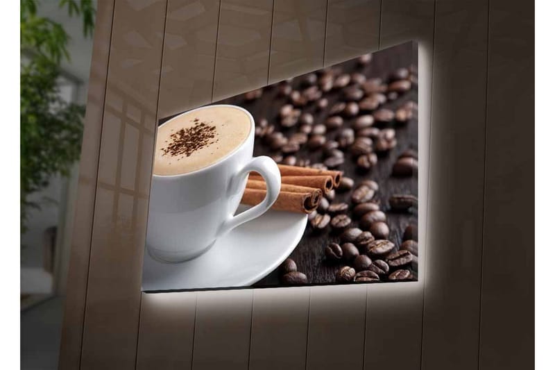 Lerretsbilde med LED-belysning - Kopp kaffe og kanelstenger på en bakgrunn av kaffebønner - Brun / Hvit / Beige - Interiør - Maleri & posters - Lerretsbilder