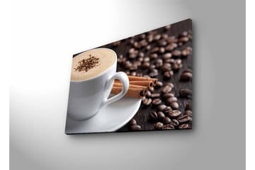 Lerretsbilde med LED-belysning - Kopp kaffe og kanelstenger på en bakgrunn av kaffebønner - Brun / Hvit / Beige - Interiør - Maleri & posters - Lerretsbilder
