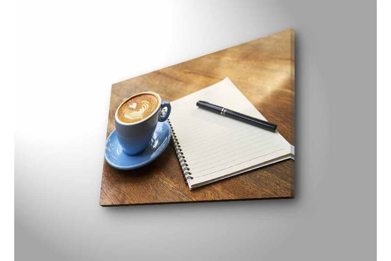 Lerretsbilde med LED-belysning - Kopp latte art på et trebord sammen med en notatbok og penn - Blå / Brun / Hvit - Interiør - Maleri & posters - Lerretsbilder