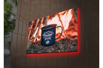 Lerretsbilde med LED-belysning - Kopp med tekst og fjellandskap i bakgrunnen - Mørk blå / Oransje / Grønn - Interiør - Maleri & posters - Lerretsbilder