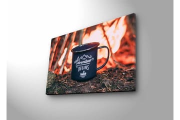 Lerretsbilde med LED-belysning - Kopp med tekst og fjellandskap i bakgrunnen - Mørk blå / Oransje / Grønn - Interiør - Maleri & posters - Lerretsbilder
