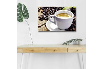 Lerretsbilde med LED-belysning - Kopp nybrygget kaffe omgitt av kaffebønner - Hvit / Brun / Grønn - Interiør - Maleri & posters - Lerretsbilder
