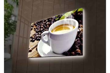 Lerretsbilde med LED-belysning - Kopp nybrygget kaffe omgitt av kaffebønner - Hvit / Brun / Grønn - Interiør - Maleri & posters - Lerretsbilder