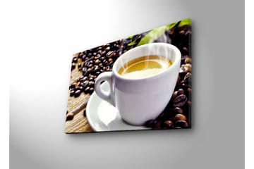 Lerretsbilde med LED-belysning - Kopp nybrygget kaffe omgitt av kaffebønner - Hvit / Brun / Grønn - Interiør - Maleri & posters - Lerretsbilder