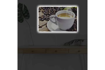 Lerretsbilde med LED-belysning - Kopp nybrygget kaffe omgitt av kaffebønner - Hvit / Brun / Grønn - Interiør - Maleri & posters - Lerretsbilder