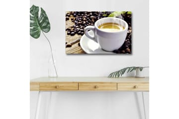 Lerretsbilde med LED-belysning - Kopp nybrygget kaffe omgitt av kaffebønner - Hvit / Brun / Grønn - Interiør - Maleri & posters - Lerretsbilder