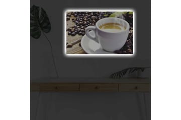 Lerretsbilde med LED-belysning - Kopp nybrygget kaffe omgitt av kaffebønner - Hvit / Brun / Grønn - Interiør - Maleri & posters - Lerretsbilder