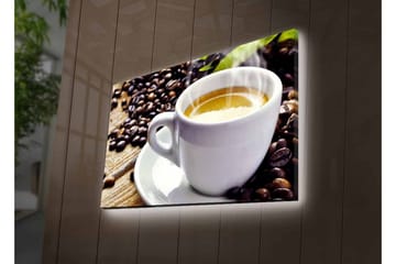 Lerretsbilde med LED-belysning - Kopp nybrygget kaffe omgitt av kaffebønner - Hvit / Brun / Grønn - Interiør - Maleri & posters - Lerretsbilder