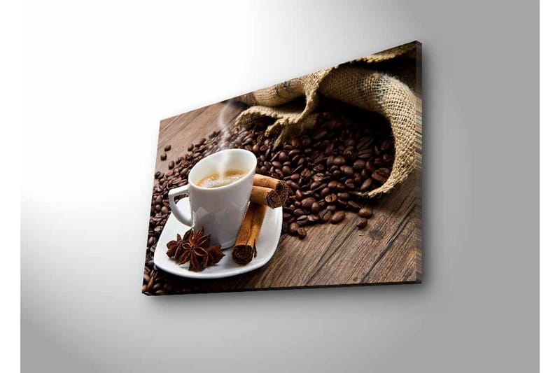 Lerretsbilde med LED-belysning - Kopp rykende varm kaffe omgitt av kaffebønner og krydder - Brun / Hvit / Beige - Interiør - Maleri & posters - Lerretsbilder