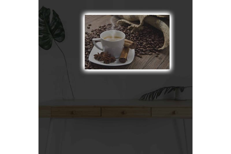 Lerretsbilde med LED-belysning - Kopp rykende varm kaffe omgitt av kaffebønner og krydder - Brun / Hvit / Beige - Interiør - Maleri & posters - Lerretsbilder