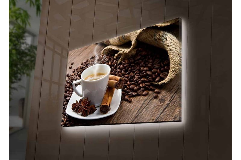 Lerretsbilde med LED-belysning - Kopp rykende varm kaffe omgitt av kaffebønner og krydder - Brun / Hvit / Beige - Interiør - Maleri & posters - Lerretsbilder
