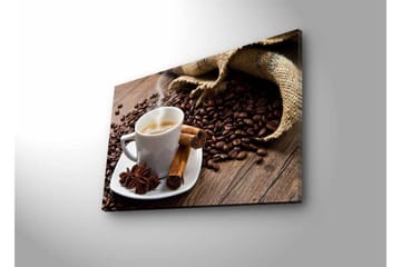 Lerretsbilde med LED-belysning - Kopp rykende varm kaffe omgitt av kaffebønner og krydder - Brun / Hvit / Beige - Interiør - Maleri & posters - Lerretsbilder