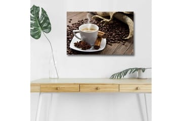 Lerretsbilde med LED-belysning - Kopp rykende varm kaffe omgitt av kaffebønner og krydder - Brun / Hvit / Beige - Interiør - Maleri & posters - Lerretsbilder