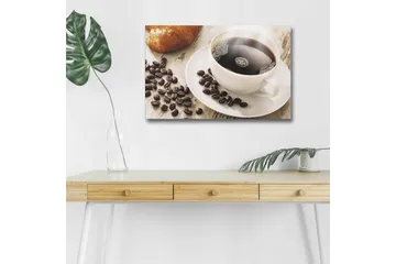 Lerretsbilde med LED-belysning - Kopp svart kaffe og kaffebønner på et bord - Svart / Brun / Hvit - Interiør - Maleri & posters - Lerretsbilder