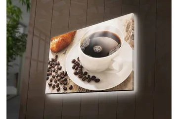 Lerretsbilde med LED-belysning - Kopp svart kaffe og kaffebønner på et bord - Svart / Brun / Hvit - Interiør - Maleri & posters - Lerretsbilder