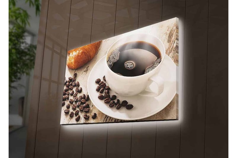 Lerretsbilde med LED-belysning - Kopp svart kaffe og kaffebønner på et bord - Svart / Brun / Hvit - Interiør - Maleri & posters - Lerretsbilder