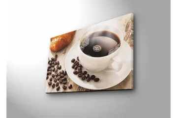Lerretsbilde med LED-belysning - Kopp svart kaffe og kaffebønner på et bord - Svart / Brun / Hvit - Interiør - Maleri & posters - Lerretsbilder