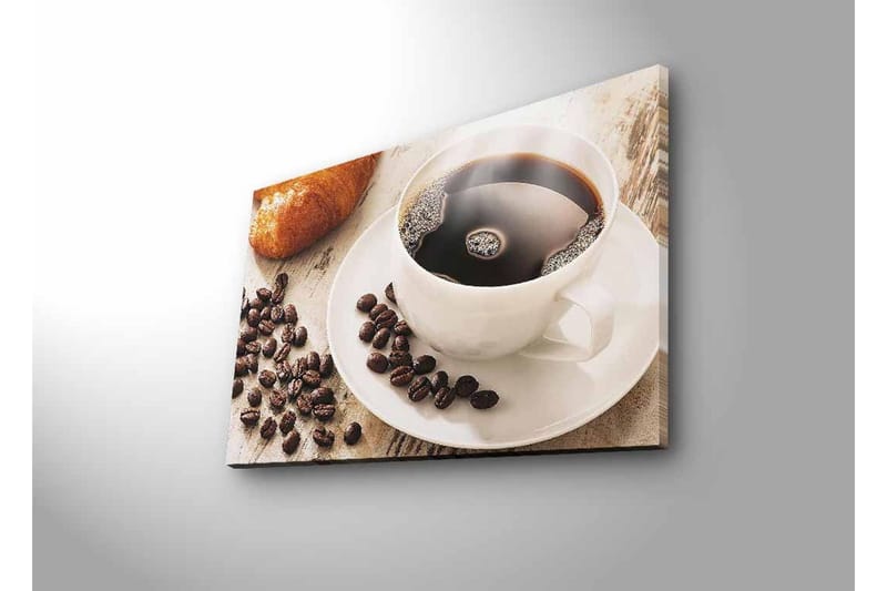 Lerretsbilde med LED-belysning - Kopp svart kaffe og kaffebønner på et bord - Svart / Brun / Hvit - Interiør - Maleri & posters - Lerretsbilder