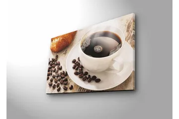 Lerretsbilde med LED-belysning - Kopp svart kaffe og kaffebønner på et bord - Svart / Brun / Hvit - Interiør - Maleri & posters - Lerretsbilder