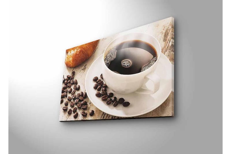 Lerretsbilde med LED-belysning - Kopp svart kaffe og kaffebønner på et bord - Svart / Brun / Hvit - Interiør - Maleri & posters - Lerretsbilder