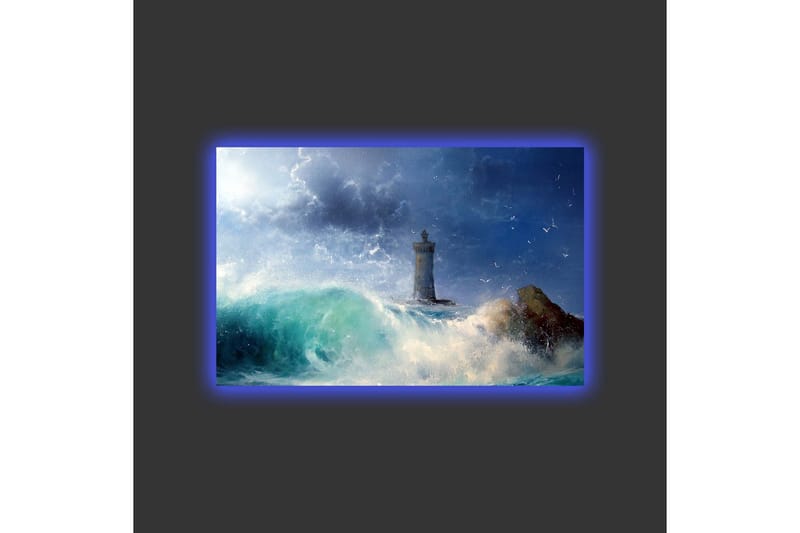 Lerretsbilde med LED-belysning - Kystlandskap med et fyrtårn omgitt av sterke bølger - Mørk blå / Turkis / Hvit - Interiør - Maleri & posters - Lerretsbilder