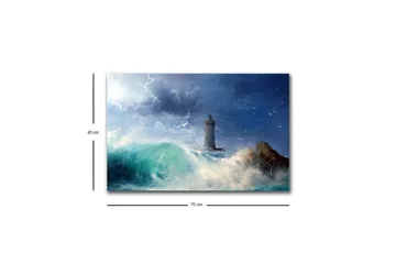 Lerretsbilde med LED-belysning - Kystlandskap med et fyrtårn omgitt av sterke bølger - Mørk blå / Turkis / Hvit - Interiør - Maleri & posters - Lerretsbilder