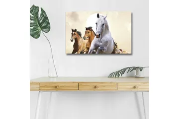 Lerretsbilde med LED-belysning - Løpende hester i en dynamisk komposisjon - Hvit / Brun / Beige - Interiør - Maleri & posters - Lerretsbilder