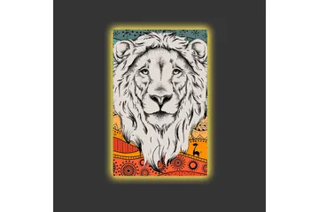 Lerretsbilde med LED-belysning - Løvehode med fargerik bakgrunn og mønster - Grå / Oransje / Blå - Interiør - Maleri & posters - Lerretsbilder