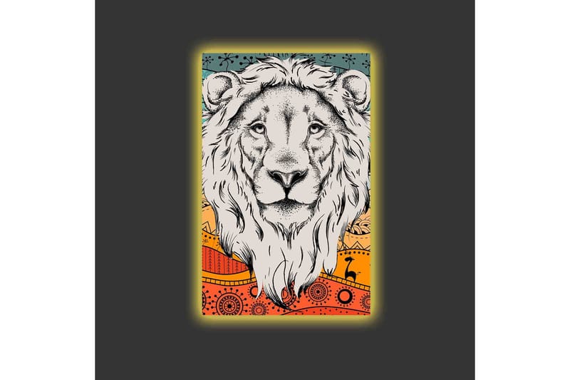 Lerretsbilde med LED-belysning - Løvehode med fargerik bakgrunn og mønster - Grå / Oransje / Blå - Interiør - Maleri & posters - Lerretsbilder