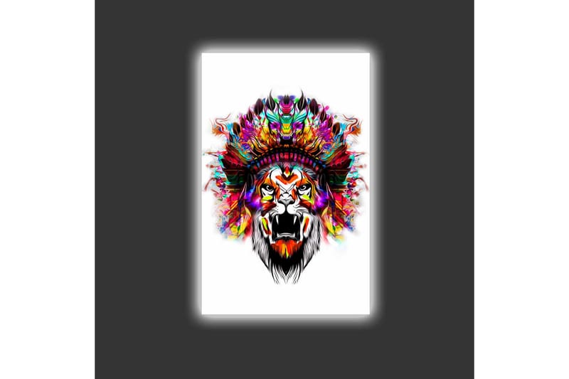 Lerretsbilde med LED-belysning - Løvehode med fargerike fjær - Oransje / Lilla / Grønn - Interiør - Maleri & posters - Lerretsbilder