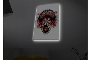 Lerretsbilde med LED-belysning - Løvehode med fargerike fjær - Oransje / Lilla / Grønn - Interiør - Maleri & posters - Lerretsbilder