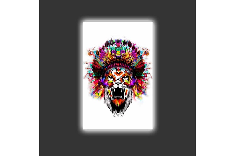 Lerretsbilde med LED-belysning - Løvehode med fargerike fjær - Oransje / Lilla / Grønn - Interiør - Maleri & posters - Lerretsbilder