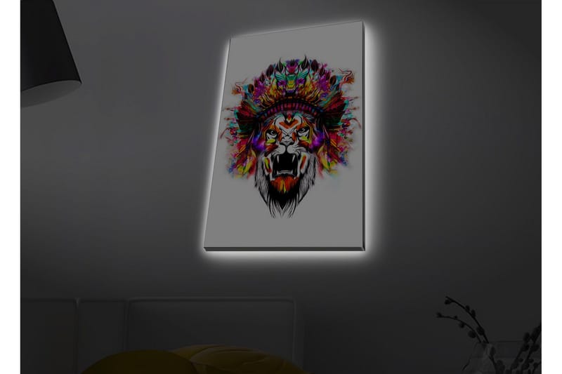 Lerretsbilde med LED-belysning - Løvehode med fargerike fjær - Oransje / Lilla / Grønn - Interiør - Maleri & posters - Lerretsbilder