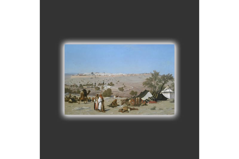 Lerretsbilde med LED-belysning - Landskap med beduiner og telt i ørkenmiljø - Blå / Grønn / Beige - Interiør - Maleri & posters - Lerretsbilder