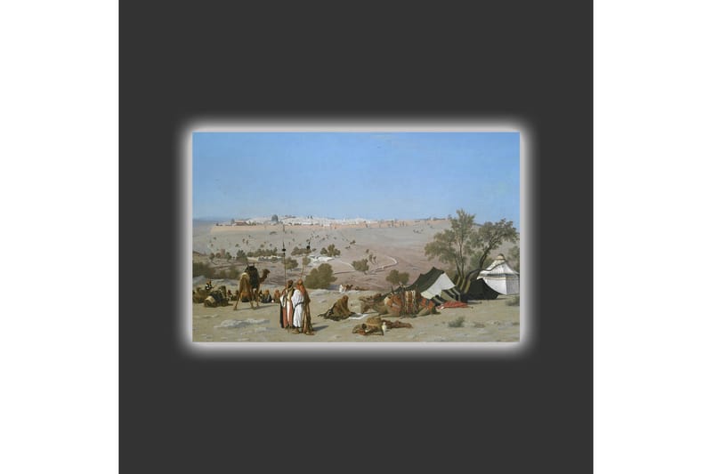 Lerretsbilde med LED-belysning - Landskap med beduiner og telt i ørkenmiljø - Blå / Grønn / Beige - Interiør - Maleri & posters - Lerretsbilder