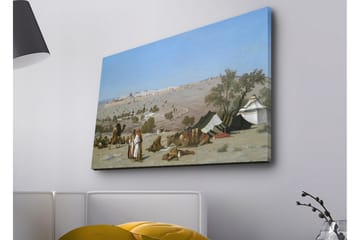 Lerretsbilde med LED-belysning - Landskap med beduiner og telt i ørkenmiljø - Blå / Grønn / Beige - Interiør - Maleri & posters - Lerretsbilder