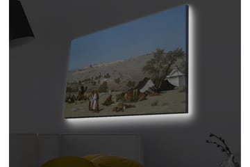 Lerretsbilde med LED-belysning - Landskap med beduiner og telt i ørkenmiljø - Blå / Grønn / Beige - Interiør - Maleri & posters - Lerretsbilder