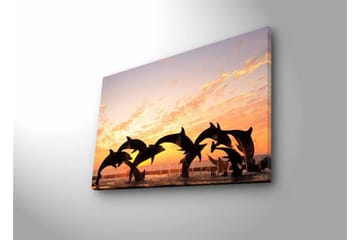 Lerretsbilde med LED-belysning - Lekne delfiner som hopper i solnedgangen - Oransje / Svart / Blå - Interiør - Maleri & posters - Lerretsbilder