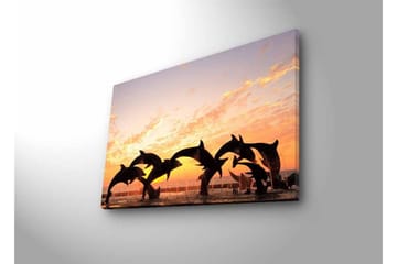 Lerretsbilde med LED-belysning - Lekne delfiner som hopper i solnedgangen - Oransje / Svart / Blå - Interiør - Maleri & posters - Lerretsbilder