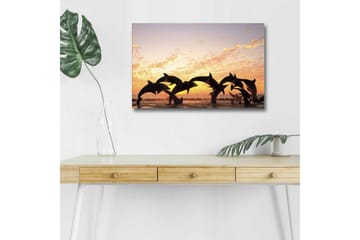 Lerretsbilde med LED-belysning - Lekne delfiner som hopper i solnedgangen - Oransje / Svart / Blå - Interiør - Maleri & posters - Lerretsbilder