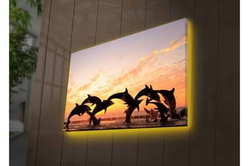 Lerretsbilde med LED-belysning - Lekne delfiner som hopper i solnedgangen - Oransje / Svart / Blå - Interiør - Maleri & posters - Lerretsbilder