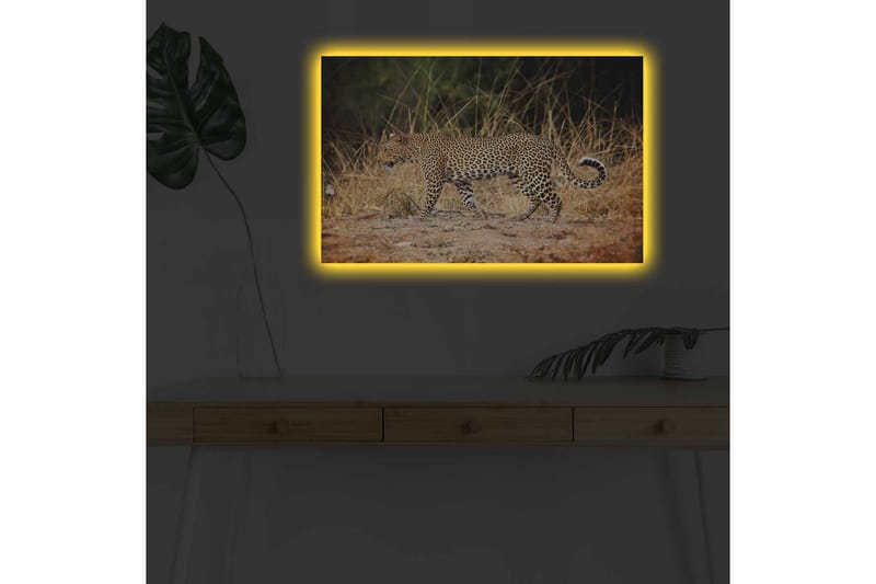 Lerretsbilde med LED-belysning - Leopard som sniker seg gjennom det tørre gresset - Gyllenbrun / Svart / Hvit - Interiør - Maleri & posters - Lerretsbilder