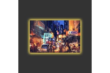 Lerretsbilde med LED-belysning - Livlig bybilde med natteliv og biler - Mørk blå / Oransje / Grønn - Interiør - Maleri & posters - Lerretsbilder