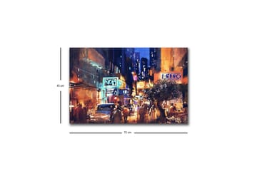 Lerretsbilde med LED-belysning - Livlig bybilde med natteliv og biler - Mørk blå / Oransje / Grønn - Interiør - Maleri & posters - Lerretsbilder