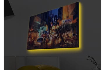 Lerretsbilde med LED-belysning - Livlig bybilde med natteliv og biler - Mørk blå / Oransje / Grønn - Interiør - Maleri & posters - Lerretsbilder