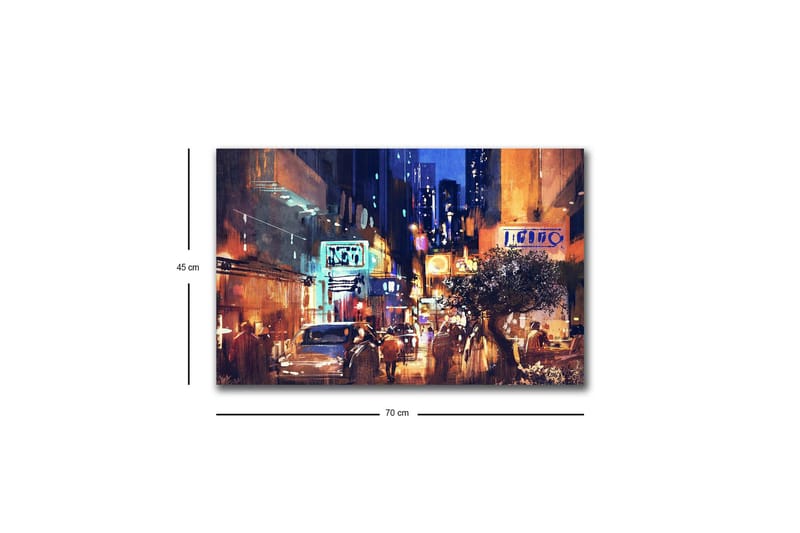 Lerretsbilde med LED-belysning - Livlig bybilde med natteliv og biler - Mørk blå / Oransje / Grønn - Interiør - Maleri & posters - Lerretsbilder