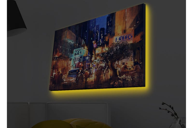 Lerretsbilde med LED-belysning - Livlig bybilde med natteliv og biler - Mørk blå / Oransje / Grønn - Interiør - Maleri & posters - Lerretsbilder