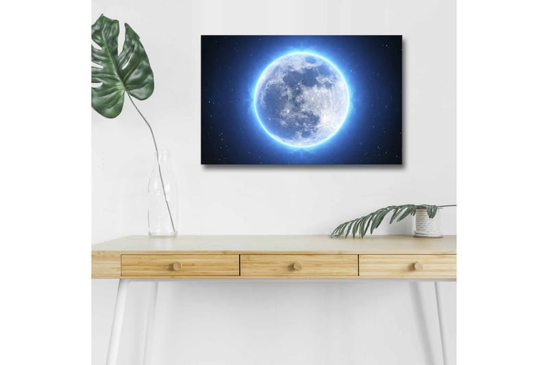 Lerretsbilde med LED-belysning - Lysende fullmåne omgitt av stjerner - Blå / Hvit / Mørk blå - Interiør - Maleri & posters - Lerretsbilder